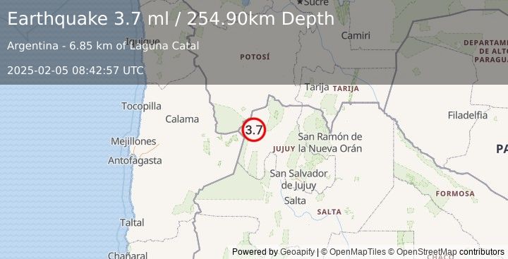 Earthquake JUJUY, ARGENTINA (3.7 ml) (2025-02-05 08:42:57 UTC)