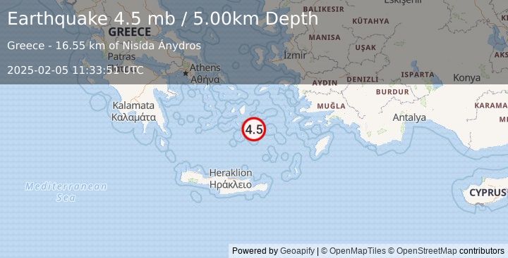 Earthquake DODECANESE ISLANDS, GREECE (4.5 mb) (2025-02-05 11:33:51 UTC)