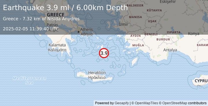 Earthquake DODECANESE ISLANDS, GREECE (3.9 ml) (2025-02-05 11:39:40 UTC)