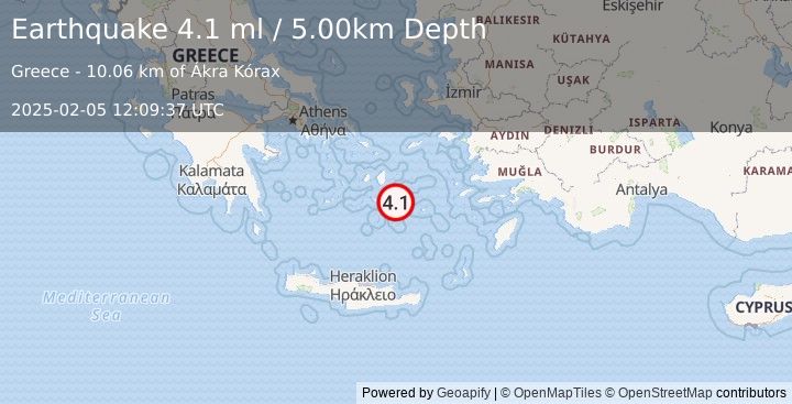 Earthquake DODECANESE ISLANDS, GREECE (4.1 ml) (2025-02-05 12:09:37 UTC)