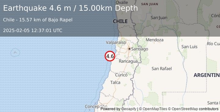 Earthquake OFFSHORE VALPARAISO, CHILE (4.6 m) (2025-02-05 12:37:01 UTC)