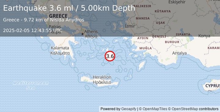 Earthquake DODECANESE ISLANDS, GREECE (3.6 ml) (2025-02-05 12:43:55 UTC)