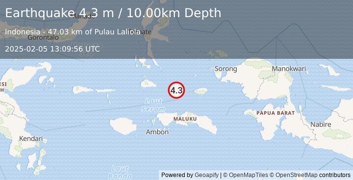 Earthquake PAPUA REGION, INDONESIA (4.3 m) (2025-02-05 13:09:56 UTC)