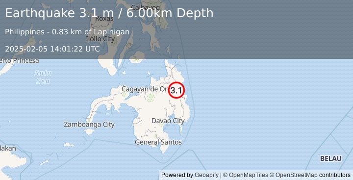 Earthquake MINDANAO, PHILIPPINES (3.1 m) (2025-02-05 14:01:22 UTC)