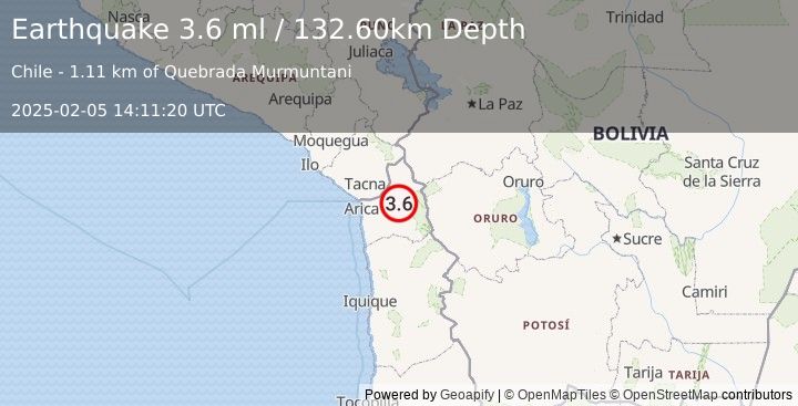 Earthquake TARAPACA, CHILE (3.6 ml) (2025-02-05 14:11:20 UTC)