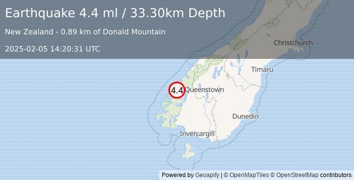 Earthquake SOUTH ISLAND OF NEW ZEALAND (4.4 ml) (2025-02-05 14:20:31 UTC)