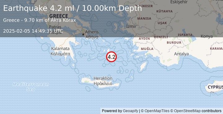 Earthquake DODECANESE ISLANDS, GREECE (4.2 ml) (2025-02-05 14:49:35 UTC)