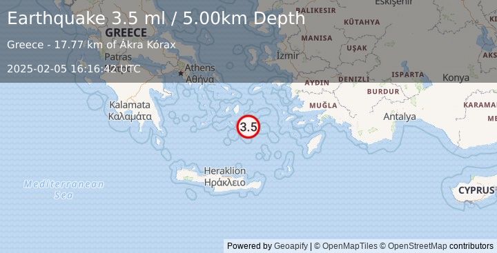 Earthquake DODECANESE ISLANDS, GREECE (3.5 ml) (2025-02-05 16:16:42 UTC)