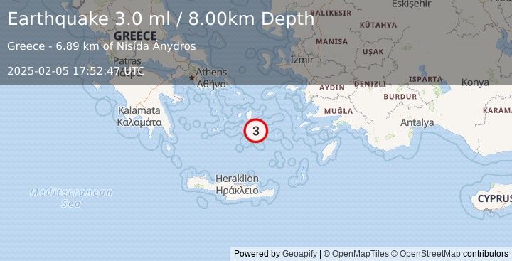 Earthquake DODECANESE ISLANDS, GREECE (3.0 ml) (2025-02-05 17:52:47 UTC)