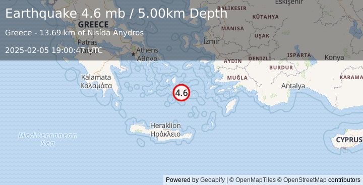 Earthquake DODECANESE ISLANDS, GREECE (4.4 ml) (2025-02-05 19:00:49 UTC)