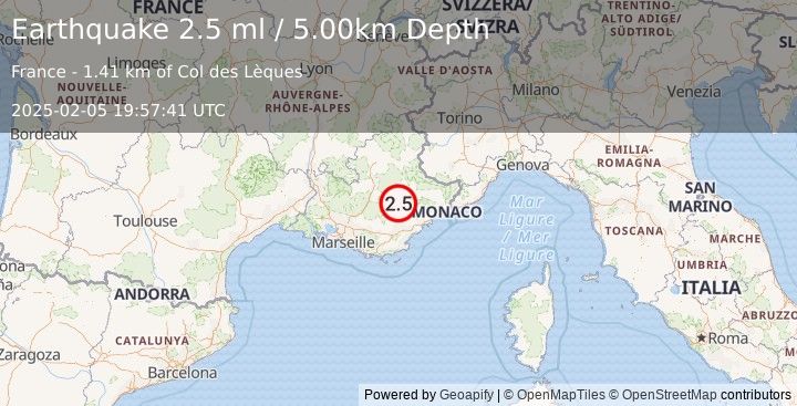 Earthquake NEAR SOUTH COAST OF FRANCE (2.5 ml) (2025-02-05 19:57:41 UTC)