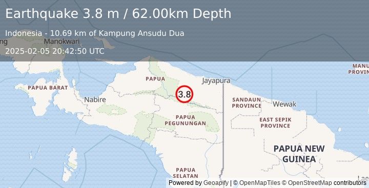 Earthquake PAPUA, INDONESIA (3.8 m) (2025-02-05 20:42:50 UTC)