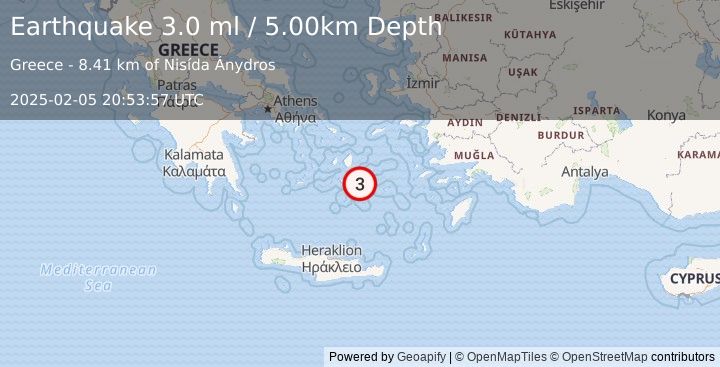 Earthquake DODECANESE ISLANDS, GREECE (3.0 ml) (2025-02-05 20:53:57 UTC)