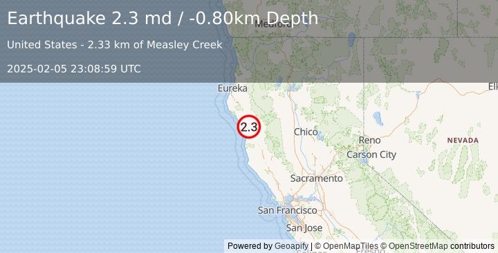 Earthquake NORTHERN CALIFORNIA (2.3 md) (2025-02-05 23:08:59 UTC)