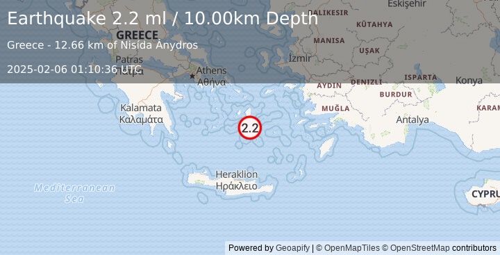 Earthquake DODECANESE ISLANDS, GREECE (2.2 ml) (2025-02-06 01:10:36 UTC)