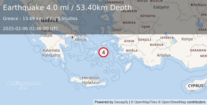 Earthquake DODECANESE ISLANDS, GREECE (4.0 ml) (2025-02-06 02:46:00 UTC)