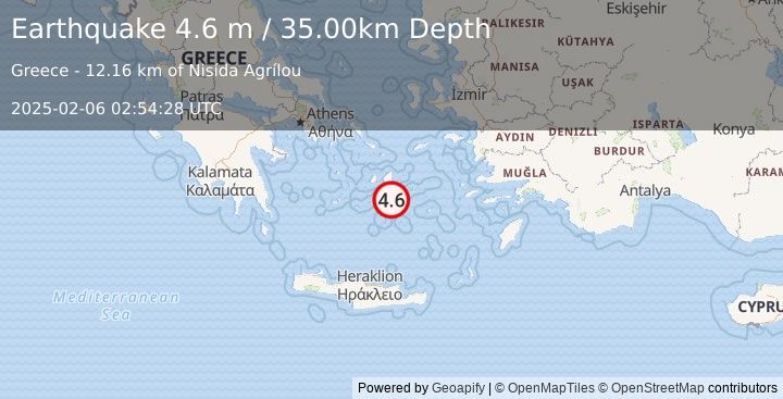 Earthquake DODECANESE ISLANDS, GREECE (4.6 m) (2025-02-06 02:54:28 UTC)