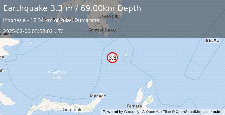 Earthquake KEPULAUAN SANGIHE, INDONESIA (3.3 m) (2025-02-06 03:52:02 UTC)