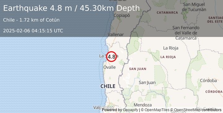 Earthquake COQUIMBO, CHILE (4.8 m) (2025-02-06 04:15:15 UTC)