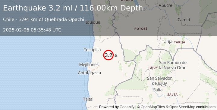 Earthquake ANTOFAGASTA, CHILE (3.2 ml) (2025-02-06 05:35:48 UTC)