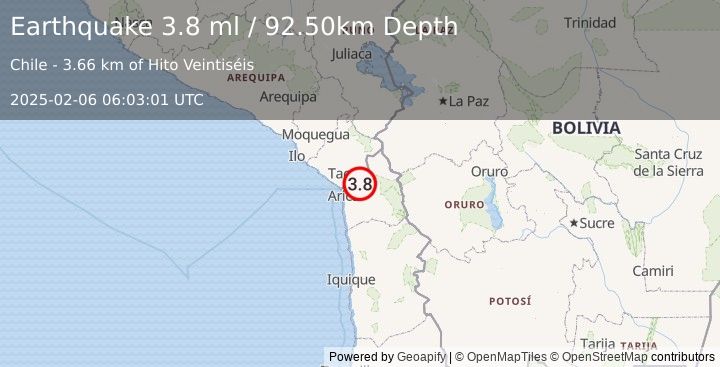 Earthquake TARAPACA, CHILE (3.7 ml) (2025-02-06 06:03:00 UTC)