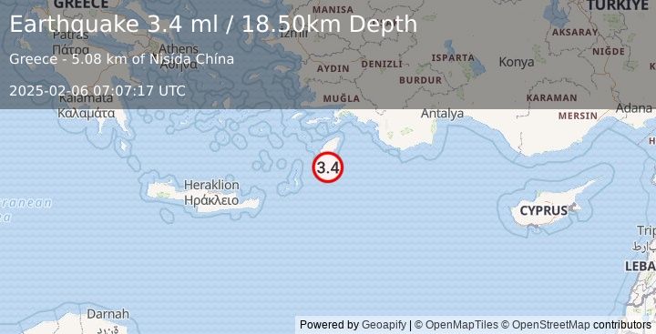 Earthquake DODECANESE ISLANDS, GREECE (3.4 ml) (2025-02-06 07:07:17 UTC)