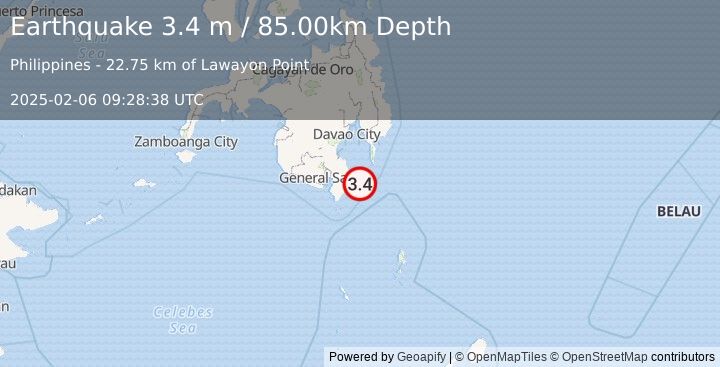 Earthquake MINDANAO, PHILIPPINES (3.4 m) (2025-02-06 09:28:38 UTC)