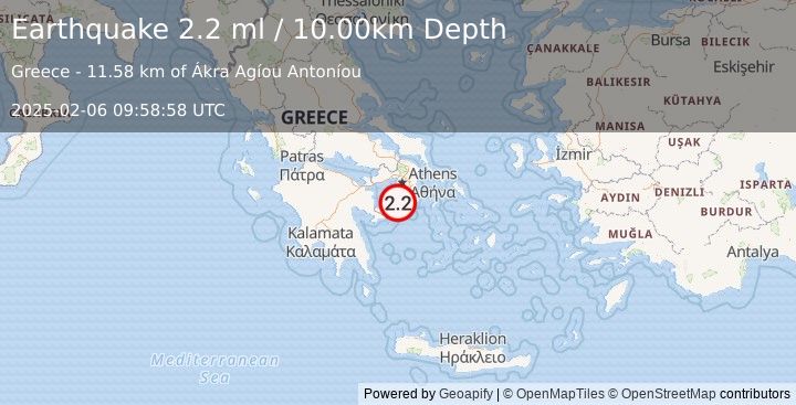 Earthquake SOUTHERN GREECE (2.2 ml) (2025-02-06 09:58:58 UTC)