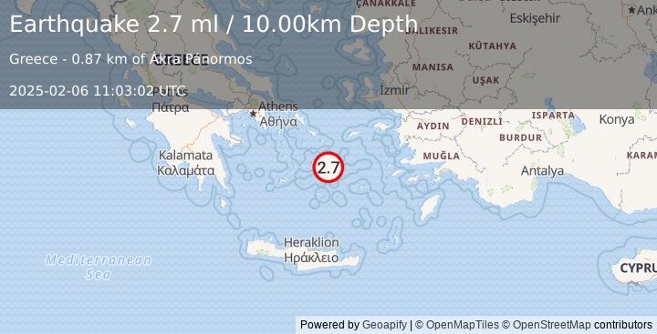 Earthquake DODECANESE ISLANDS, GREECE (2.7 ml) (2025-02-06 11:03:02 UTC)