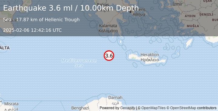 Earthquake CENTRAL MEDITERRANEAN SEA (3.6 ml) (2025-02-06 12:42:16 UTC)