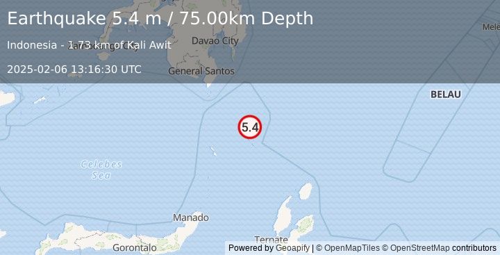 Earthquake KEPULAUAN TALAUD, INDONESIA (5.4 m) (2025-02-06 13:16:28 UTC)