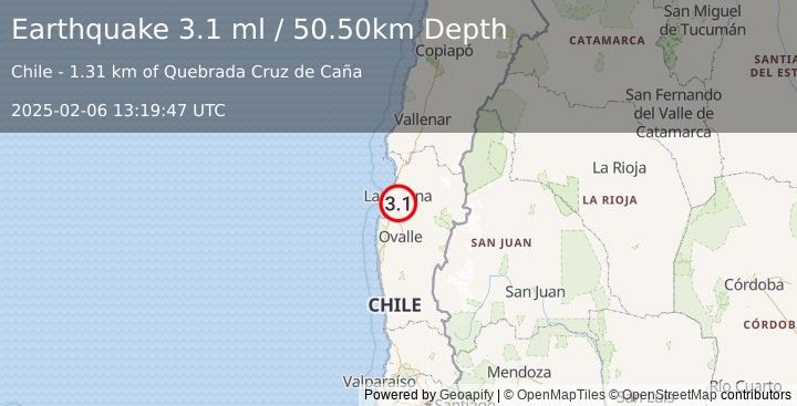 Earthquake COQUIMBO, CHILE (3.1 ml) (2025-02-06 13:19:47 UTC)