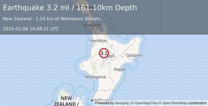 Earthquake NORTH ISLAND OF NEW ZEALAND (3.2 ml) (2025-02-06 14:08:21 UTC)