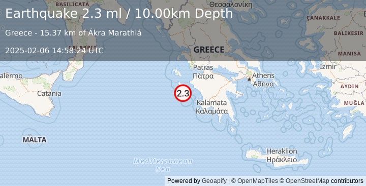 Earthquake IONIAN SEA (2.3 ml) (2025-02-06 14:58:24 UTC)