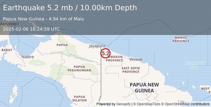 Earthquake NEW GUINEA, PAPUA NEW GUINEA (5.2 mb) (2025-02-06 16:24:59 UTC)