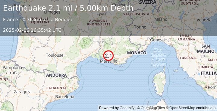 Earthquake NEAR SOUTH COAST OF FRANCE (2.1 ml) (2025-02-06 16:35:42 UTC)