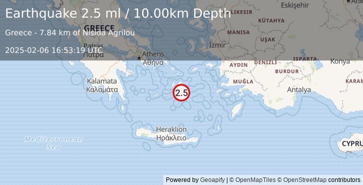 Earthquake DODECANESE ISLANDS, GREECE (2.5 ml) (2025-02-06 16:53:19 UTC)