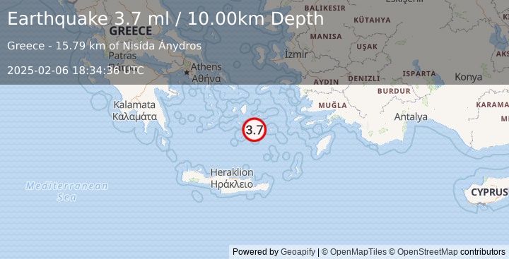 Earthquake DODECANESE ISLANDS, GREECE (3.7 ml) (2025-02-06 18:34:36 UTC)