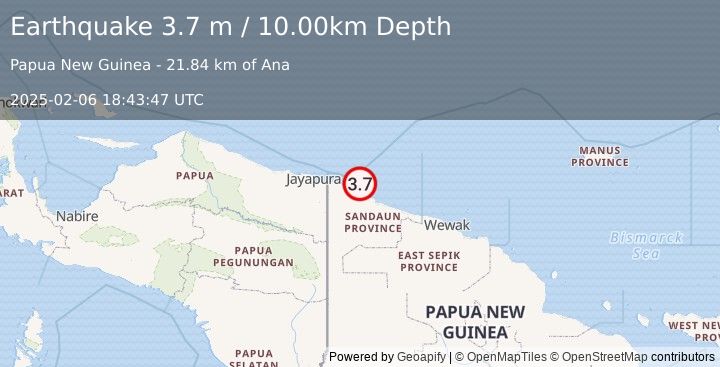 Earthquake NEAR N COAST OF NEW GUINEA, PNG. (3.7 m) (2025-02-06 18:43:47 UTC)