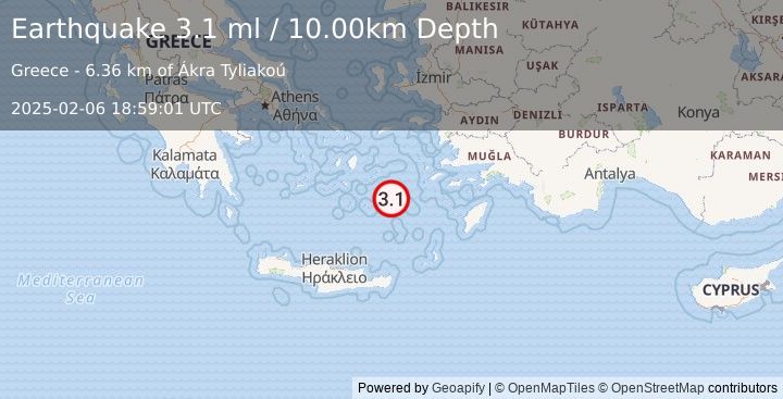 Earthquake DODECANESE ISLANDS, GREECE (3.1 ml) (2025-02-06 18:59:01 UTC)