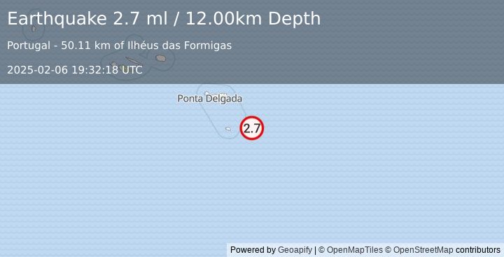 Earthquake AZORES ISLANDS REGION (2.7 ml) (2025-02-06 19:32:18 UTC)