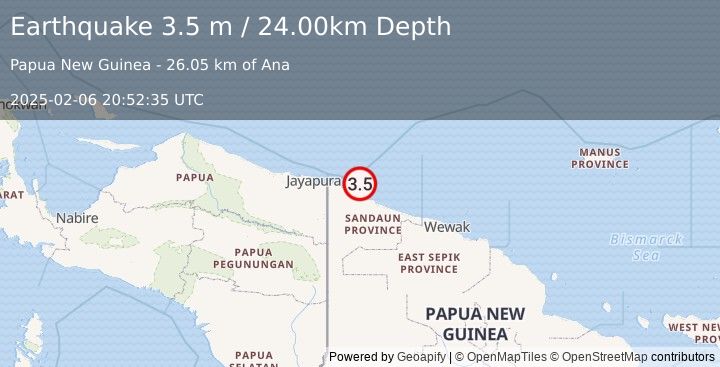 Earthquake NEAR N COAST OF NEW GUINEA, PNG. (3.5 m) (2025-02-06 20:52:35 UTC)