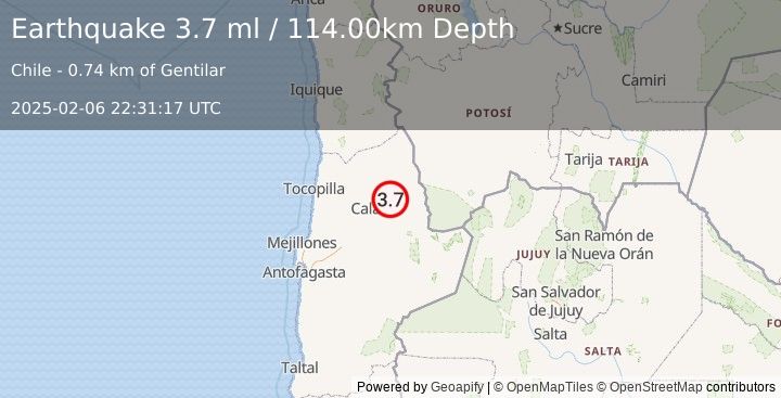 Earthquake ANTOFAGASTA, CHILE (3.7 ml) (2025-02-06 22:31:15 UTC)