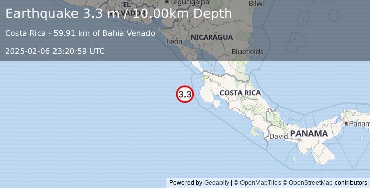 Earthquake OFF COAST OF COSTA RICA (3.3 m) (2025-02-06 23:20:59 UTC)