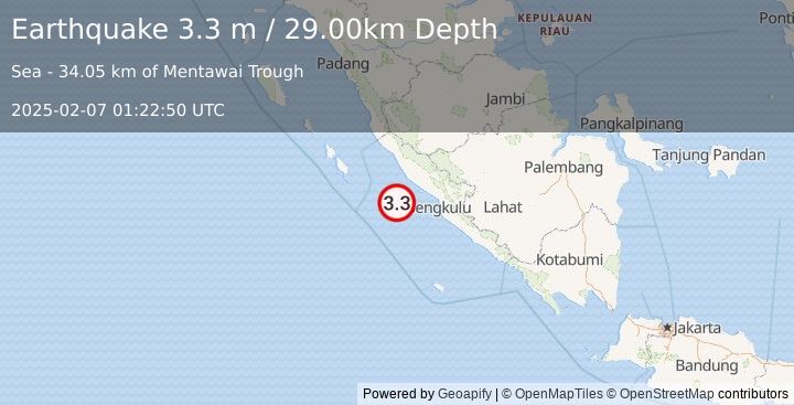 Earthquake SOUTHERN SUMATRA, INDONESIA (3.3 m) (2025-02-07 01:22:50 UTC)