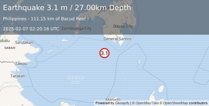 Earthquake MINDANAO, PHILIPPINES (3.1 m) (2025-02-07 02:20:16 UTC)