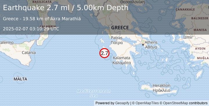 Earthquake IONIAN SEA (2.7 ml) (2025-02-07 03:10:29 UTC)