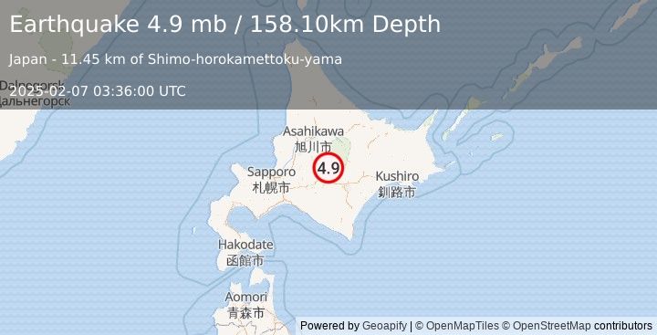 Earthquake HOKKAIDO, JAPAN REGION (4.9 mb) (2025-02-07 03:36:00 UTC)