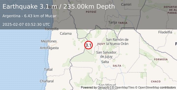 Earthquake JUJUY, ARGENTINA (3.1 m) (2025-02-07 03:52:30 UTC)