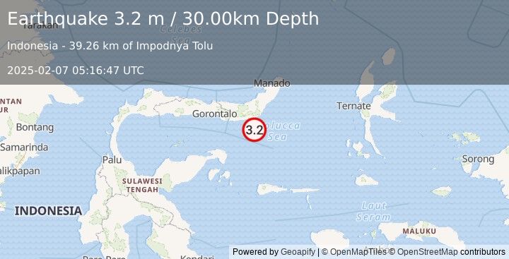 Earthquake MINAHASA, SULAWESI, INDONESIA (3.2 m) (2025-02-07 05:16:47 UTC)